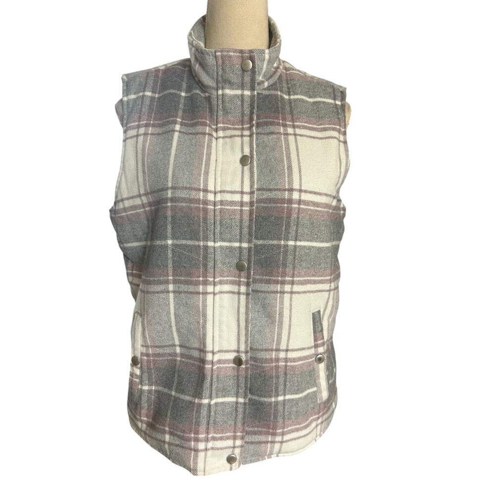 Thread & Supply Womens Sz M Vest Plaid Sherpa Full Zip Snap Button Ivory Gray